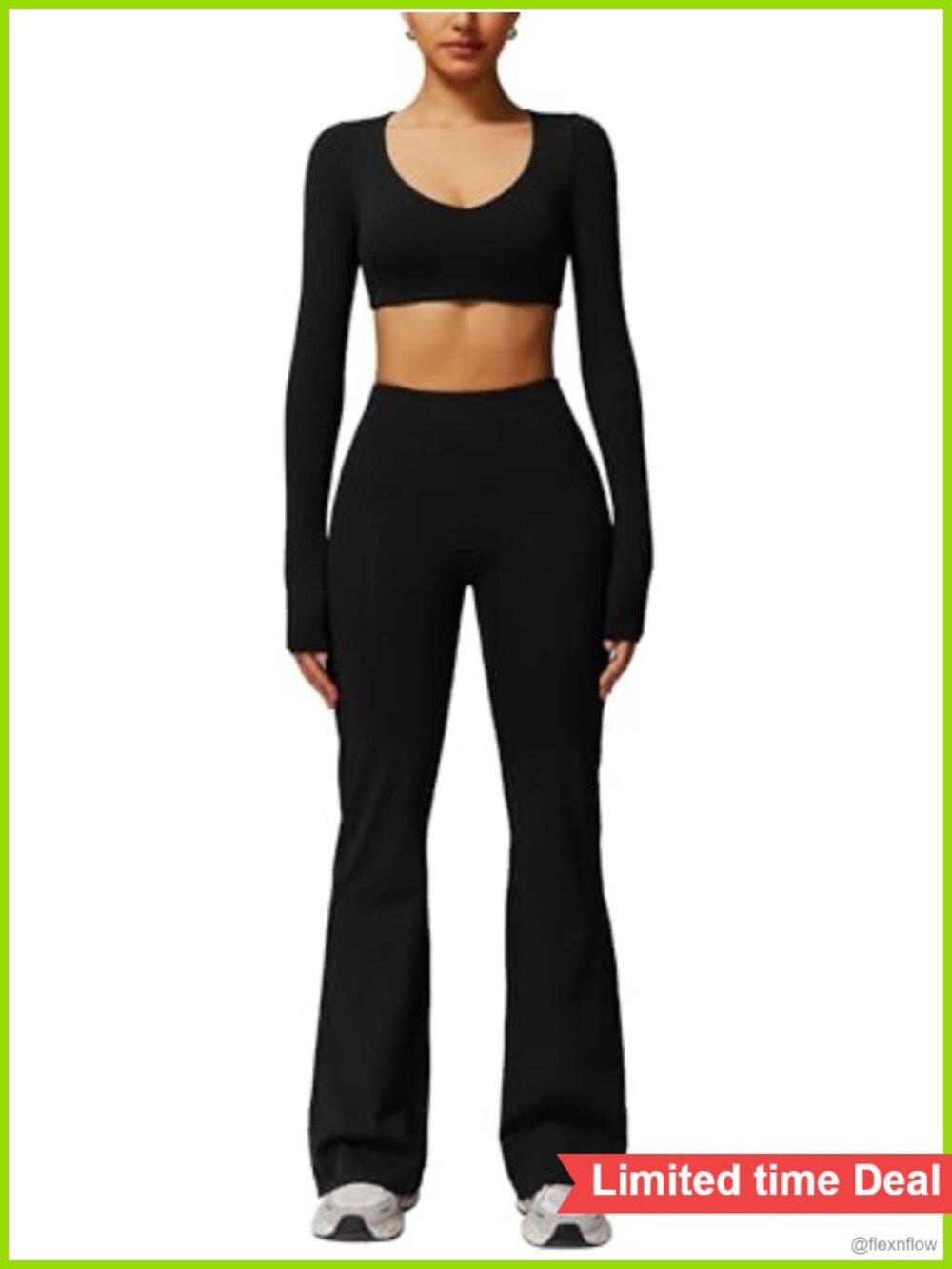Women's 2-Piece Workout Set Long Sleeve Crop Top Flared Leggings Gym Activewear